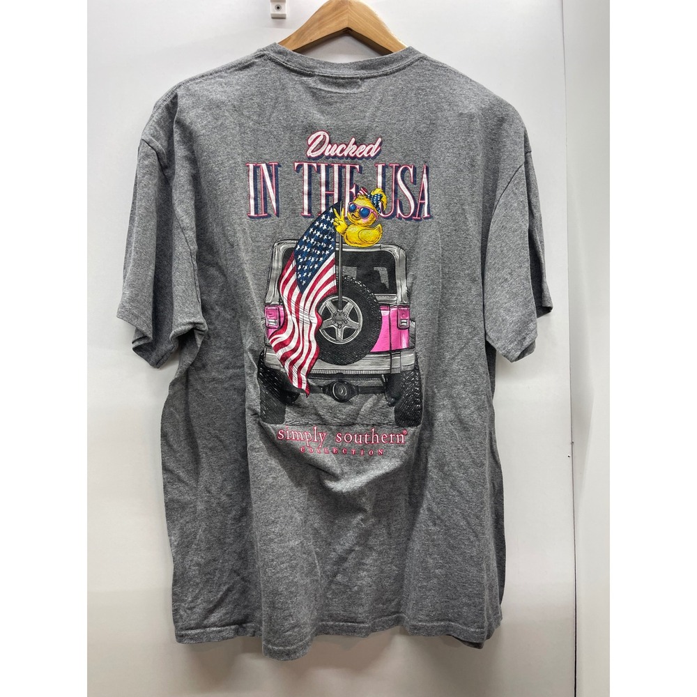 Simply Southern Ducked In The USA Gray Graphic T-Shirt XL Rubber Duck Jeep Flag